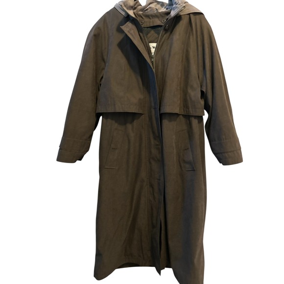 Hooded Rain Coat Jacket Long Trench Coat Lightweight Olive Green - Picture 1 of 10